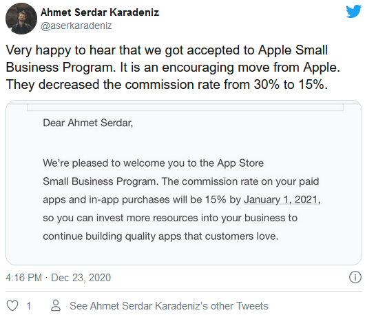 苹果开始通知符合条件的开发者：App Store费率已降低