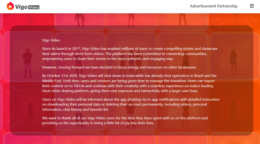 火山小视频海外版 Vigo Video 宣布将停止在印度运营