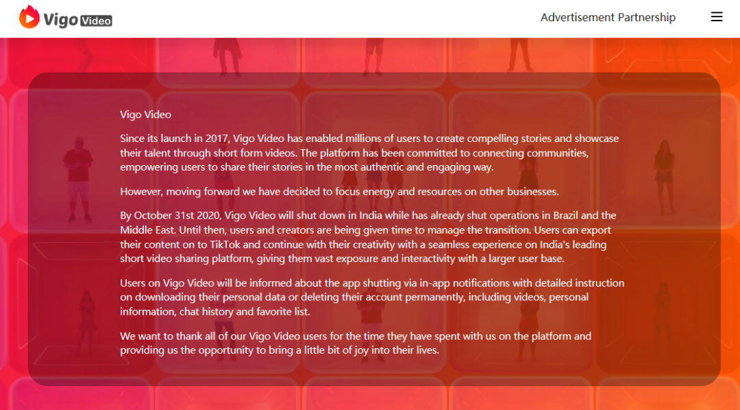 火山小视频海外版 Vigo Video 宣布将停止在印度运营