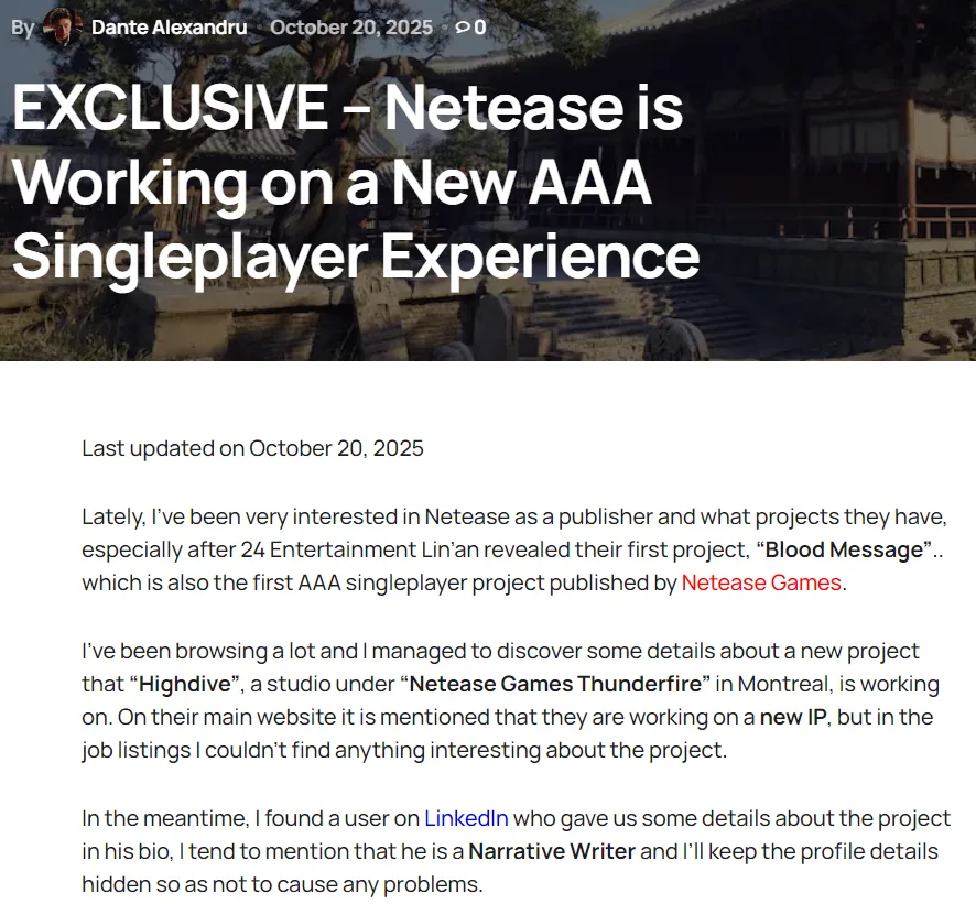 网易海外工作室Highdive在研3A主机游戏，开发团队超100人