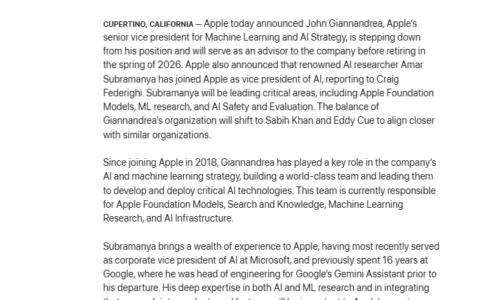 苹果官宣：更换AI主管